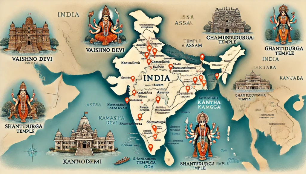 Detailed illustrated map of India highlighting prominent Durga temples